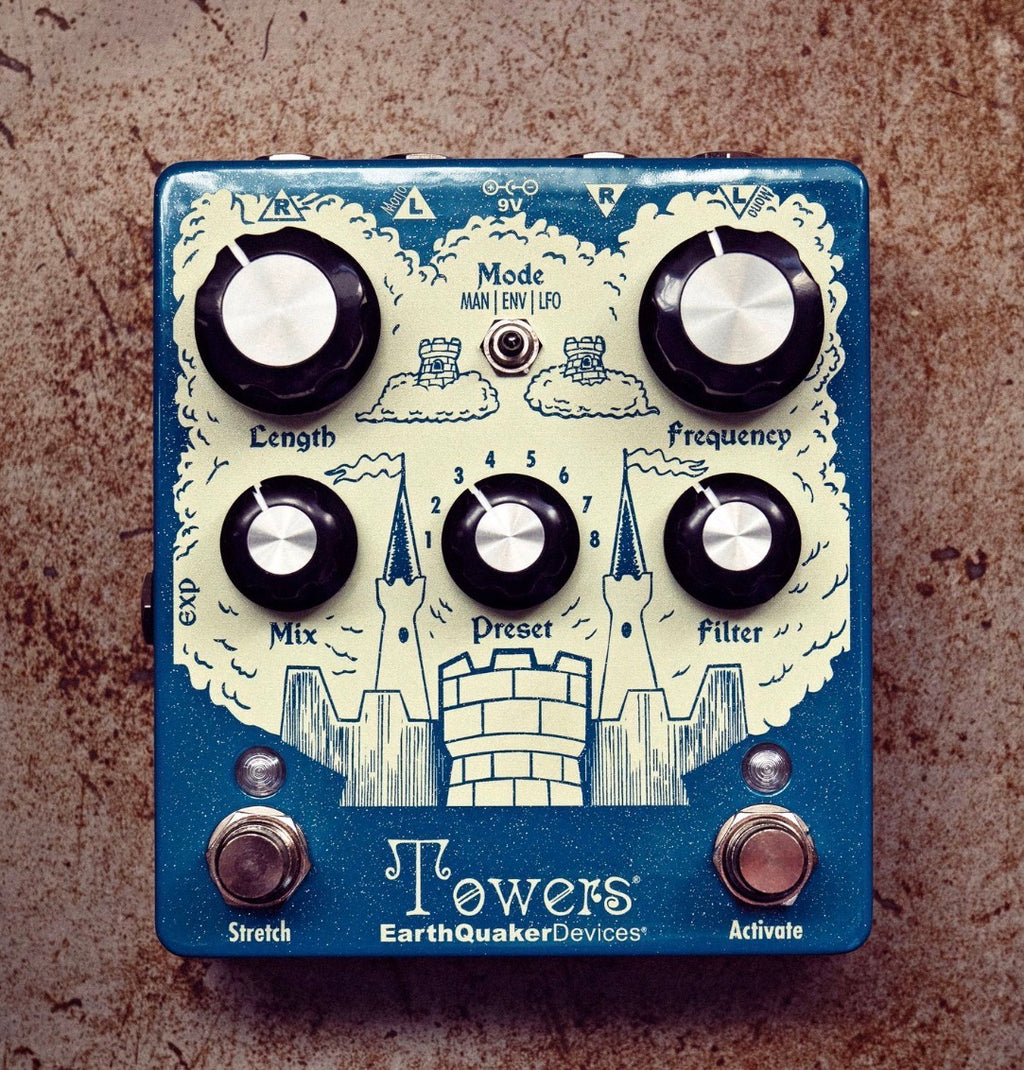 Front of blue Towers reverb guitar pedal