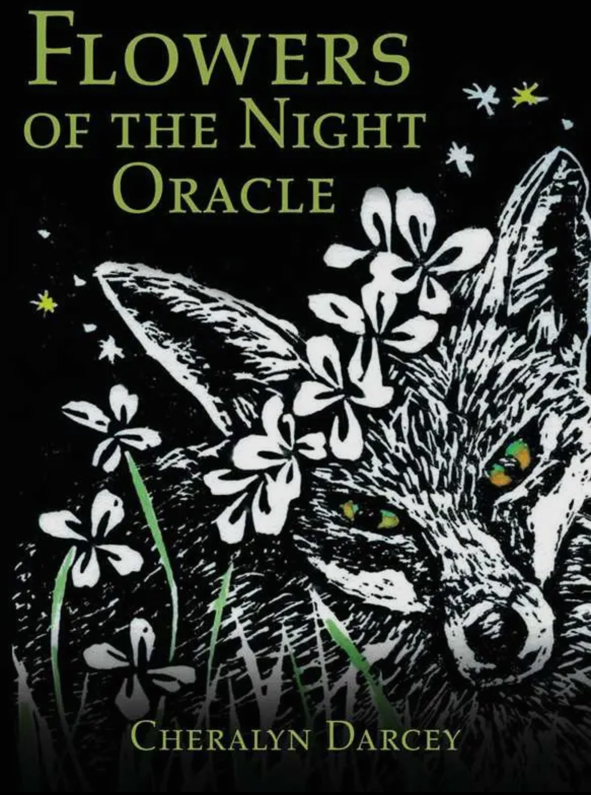 Front of 'Flowers of the Night Oracle' featuring a fox and flowers on a black background.