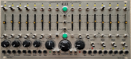 Control panel of a Klee synthesizer with various knobs and sliders.
