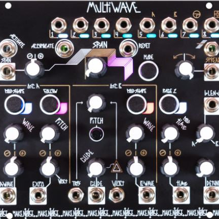 Close-up of a modular synthesizer patch bay with various knobs and connectors.