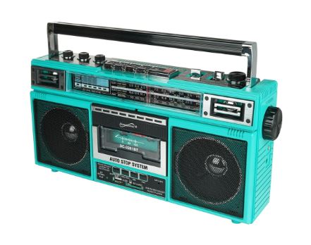 Turquoise retro-style boombox with speakers on a white background