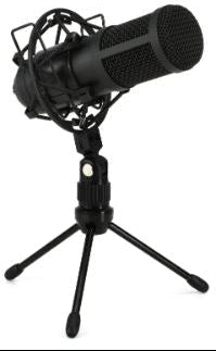 Black microphone on a stand with a white background