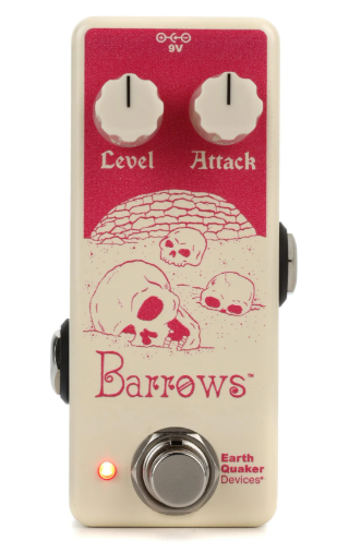 Guitar effects pedal with skull design and 'Barrows' branding on a white background in Olympia WA