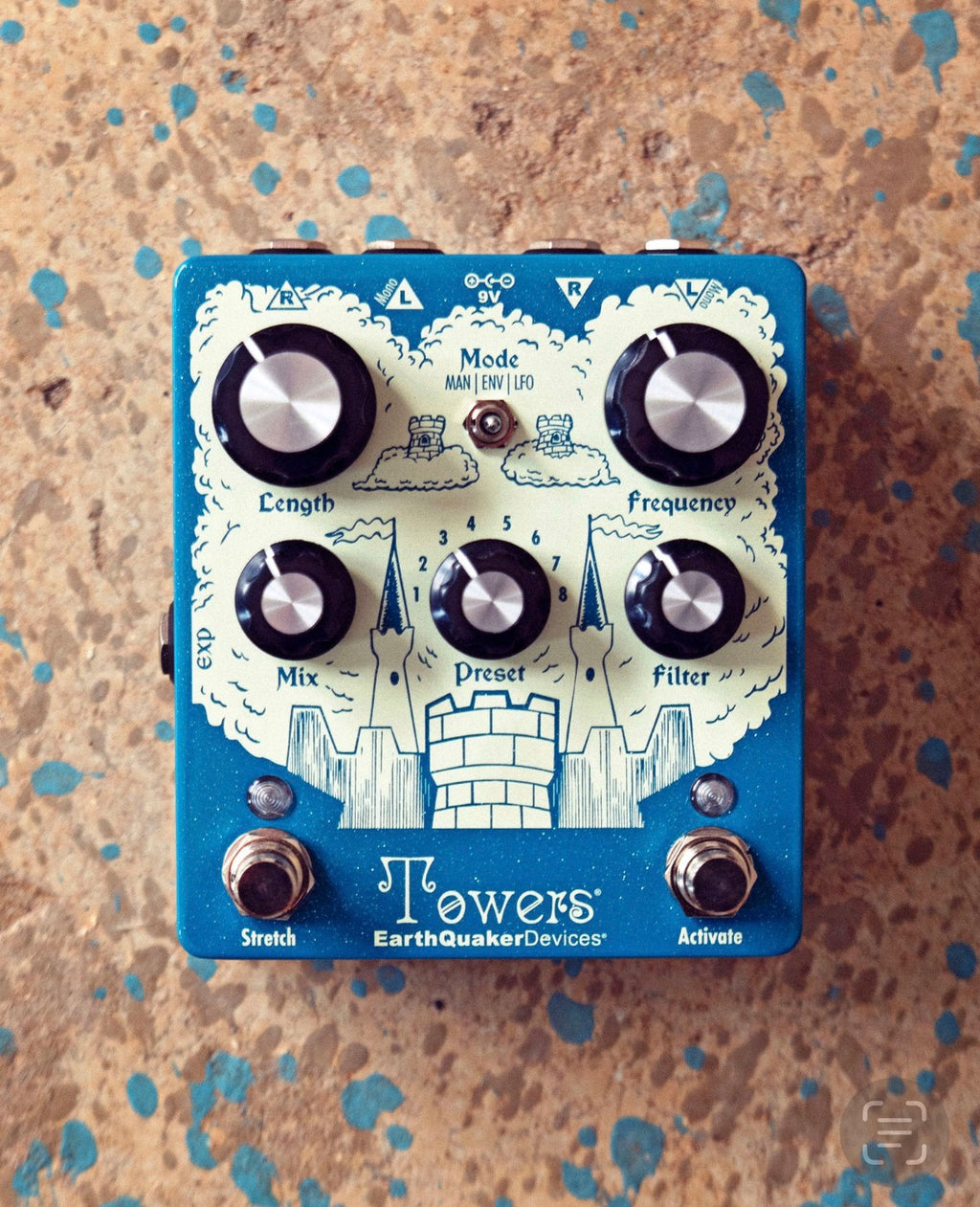 Front of EarhQuaker Devices guitar reverb pedal Towers